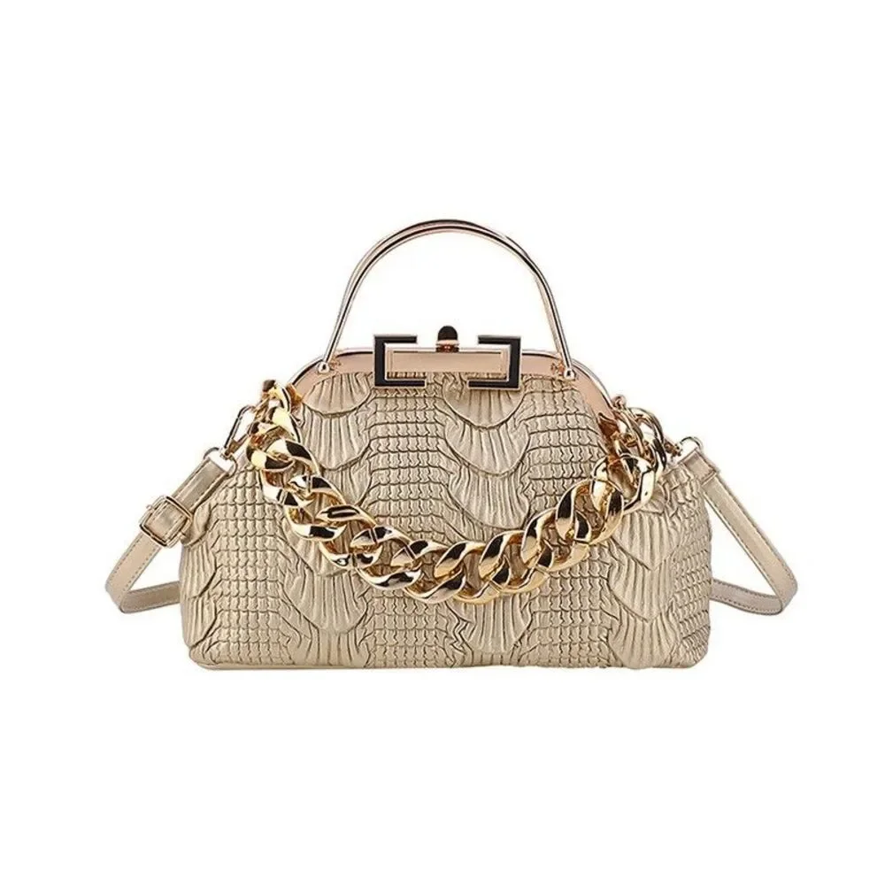 Top Handle Gold Croc Boxy Metal Handle Handbag Satchel